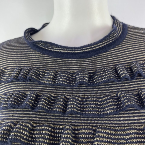 Marella Blue Ruffle Knit Sweater Size XS Gold Stripes Preppy Holiday Jumper - Picture 2 of 8